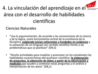 4. La vinculación del aprendizaje en el área con el desarrollo de habilidades científicas  Ciencias Naturales“Usa la argumentación, de acuerdo a las convenciones de la ciencia y de la lógica, como herramienta central de la enseñanza de la disciplina, exigiendo juicios coherentes y fundados en evidencia y la utilización de un lenguaje con sentido científico frente a las problemáticas que se plantean” (D9,5)“Diseña actividades para modelar y promover en los estudiantes las habilidades características del quehacer científico: la elaboración de preguntas, la obtención de datos a partir de la observación y medición que ayuden a contestar estas preguntas y el análisis e interpretación de los datos” (D8,1)  