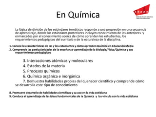 En QuímicaLa lógica de división de los estándares temáticos responde a una progresión en una secuencia de aprendizaje, donde los estándares posteriores incluyen conocimiento de los anteriores  y enmarcados por el conocimiento acerca de cómo aprenden los estudiantes, los requerimientos pedagógicos del currículo y de la naturaleza de la disciplina.1. Conoce las características de las y los estudiantes y cómo aprenden Química en Educación Media 2. Comprende las particularidades de la enseñanza-aprendizaje de la Biología/Física/Química y sus requerimientos pedagógicos 3. Interacciones atómicas y moleculares4. Estados de la materia5. Procesos químicos6. Química orgánica e inorgánica 7. Demuestra habilidades propias del quehacer científico y comprende cómo    se desarrolla este tipo de conocimiento 8. Promueve desarrollo de habilidades científicas y su uso en la vida cotidiana 9. Conduce el aprendizaje de las ideas fundamentales de la Química  y  las vincula con la vida cotidiana 