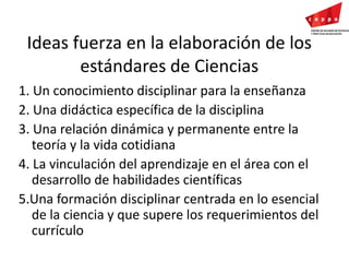 Ideas fuerza en la elaboración de los estándares de Ciencias1. Un conocimiento disciplinar para la enseñanza2. Una didáctica específica de la disciplina3. Una relación dinámica y permanente entre la teoría y la vida cotidiana4. La vinculación del aprendizaje en el área con el desarrollo de habilidades científicas 5.Una formación disciplinar centrada en lo esencial de la ciencia y que supere los requerimientos del currículo