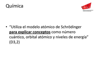 Química“Utiliza el modelo atómico de Schrödinger para explicar conceptos como número cuántico, orbital atómico y niveles de energía” (D3,2)