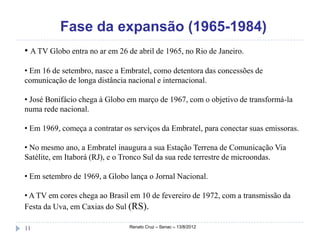 Fase da expansão (1965-1984)
• A TV Globo entra no ar em 26 de abril de 1965, no Rio de Janeiro.

• Em 16 de setembro, nasce a Embratel, como detentora das concessões de
comunicação de longa distância nacional e internacional.

• José Bonifácio chega à Globo em março de 1967, com o objetivo de transformá-la
numa rede nacional.

• Em 1969, começa a contratar os serviços da Embratel, para conectar suas emissoras.

• No mesmo ano, a Embratel inaugura a sua Estação Terrena de Comunicação Via
Satélite, em Itaborá (RJ), e o Tronco Sul da sua rede terrestre de microondas.

• Em setembro de 1969, a Globo lança o Jornal Nacional.

• A TV em cores chega ao Brasil em 10 de fevereiro de 1972, com a transmissão da
Festa da Uva, em Caxias do Sul (RS).

11                              Renato Cruz – Senac – 13/8/2012
 