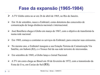 Fase da expansão (1965-1984)
Renato Cruz – Senac – 12/8/201311
 A TV Globo entra no ar em 26 de abril de 1965, no Rio de Janeiro.
 Em 16 de setembro, nasce a Embratel, como detentora das concessões de
comunicação de longa distância nacional e internacional.
 José Bonifácio chega à Globo em março de 1967, com o objetivo de transformá-la
numa rede nacional.
 Em 1969, começa a contratar os serviços da Embratel, para conectar suas emissoras.
 No mesmo ano, a Embratel inaugura a sua Estação Terrena de Comunicação Via
Satélite, em Itaborá (RJ), e o Tronco Sul da sua rede terrestre de microondas.
 Em setembro de 1969, a Globo lança o Jornal Nacional.
 A TV em cores chega ao Brasil em 10 de fevereiro de 1972, com a transmissão da
Festa da Uva, em Caxias do Sul (RS).
 