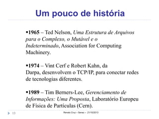 Um pouco de história
1965 – Ted Nelson, Uma Estrutura de Arquivos
para o Complexo, o Mutável e o
Indeterminado, Association for Computing
Machinery.
1974 – Vint Cerf e Robert Kahn, da
Darpa, desenvolvem o TCP/IP, para conectar redes
de tecnologias diferentes.
1989 – Tim Berners-Lee, Gerenciamento de
Informações: Uma Proposta, Laboratório Europeu
de Física de Partículas (Cern).
13

Renato Cruz – Senac – 21/10/2013

 