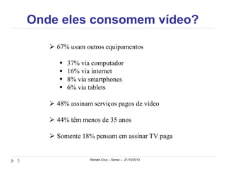 Onde eles consomem vídeo?
 67% usam outros equipamentos





37% via computador
16% via internet
8% via smartphones
6% via tablets

 48% assinam serviços pagos de vídeo
 44% têm menos de 35 anos

 Somente 18% pensam em assinar TV paga

3

Renato Cruz – Senac – 21/10/2013

 