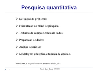 Pesquisa quantitativa 
 Definição do problema; 
 Formulação do plano de pesquisa; 
 Trabalho de campo e coleta de dados; 
 Preparação de dados; 
 Análise descritiva; 
 Modelagem estatística e tomada de decisão. 
Fonte: DIAS, S. Pesquisa de mercado. São Paulo: Saraiva, 2012. 
12 Renato Cruz – Senac – 9/9/2014 
 