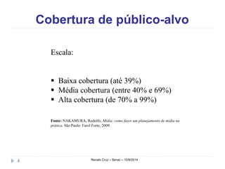 Cobertura de público-alvo 
Escala: 
 Baixa cobertura (até 39%) 
 Média cobertura (entre 40% e 69%) 
 Alta cobertura (de 70% a 99%) 
Fonte: NAKAMURA, Rodolfo. Mídia: como fazer um planejamento de mídia na 
prática. São Paulo: Farol Forte, 2009. 
4 Renato Cruz – Senac – 10/9/2014 
 
