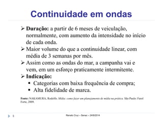 Continuidade em ondas 
 Duração: a partir de 6 meses de veiculação, 
normalmente, com aumento da intensidade no início 
de cada onda. 
 Maior volume do que a continuidade linear, com 
média de 3 semanas por mês. 
 Assim como as ondas do mar, a campanha vai e 
vem, em um esforço praticamente intermitente. 
 Indicação: 
 Categorias com baixa frequência de compra; 
 Alta fidelidade de marca. 
Fonte: NAKAMURA, Rodolfo. Mídia: como fazer um planejamento de mídia na prática. São Paulo: Farol 
Forte, 2009. 
8 Renato Cruz – Senac – 24/9/2014 
 