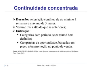 Continuidade concentrada 
 Duração: veiculação contínua de no mínimo 3 
semanas e máximo de 3 meses. 
Volume mais alto do que as anteriores; 
 Indicação: 
 Categorias com período de consumo bem 
definido; 
 Campanhas de oportunidade, baseadas em 
preço e/ou promoção no ponto de venda. 
Fonte: NAKAMURA, Rodolfo. Mídia: como fazer um planejamento de mídia na prática. São Paulo: 
Farol Forte, 2009. 
9 Renato Cruz – Senac – 24/9/2014 
 
