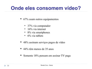 Onde eles consomem vídeo?
Renato Cruz – Senac10
 67% usam outros equipamentos
• 37% via computador
• 16% via internet
• 8% via smartphones
• 6% via tablets
 48% assinam serviços pagos de vídeo
 44% têm menos de 35 anos
 Somente 18% pensam em assinar TV paga
 