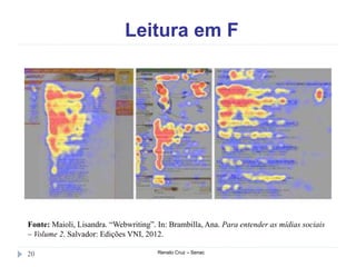 Leitura em F
Renato Cruz – Senac20
Fonte: Maioli, Lisandra. “Webwriting”. In: Brambilla, Ana. Para entender as mídias sociais
– Volume 2. Salvador: Edições VNI, 2012.
 
