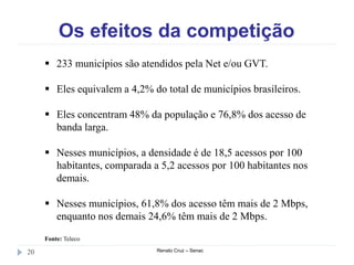 Os efeitos da competição
Renato Cruz – Senac20
 233 municípios são atendidos pela Net e/ou GVT.
 Eles equivalem a 4,2% do total de municípios brasileiros.
 Eles concentram 48% da população e 76,8% dos acesso de
banda larga.
 Nesses municípios, a densidade é de 18,5 acessos por 100
habitantes, comparada a 5,2 acessos por 100 habitantes nos
demais.
 Nesses municípios, 61,8% dos acesso têm mais de 2 Mbps,
enquanto nos demais 24,6% têm mais de 2 Mbps.
Fonte: Teleco
 
