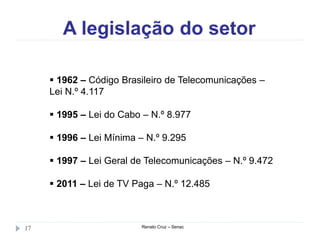 A legislação do setor
Renato Cruz – Senac17
 1962 – Código Brasileiro de Telecomunicações –
Lei N.º 4.117
 1995 – Lei do Cabo – N.º 8.977
 1996 – Lei Mínima – N.º 9.295
 1997 – Lei Geral de Telecomunicações – N.º 9.472
 2011 – Lei de TV Paga – N.º 12.485
 