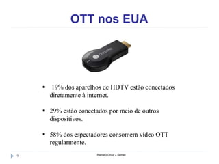 OTT nos EUA
Renato Cruz – Senac9
 19% dos aparelhos de HDTV estão conectados
diretamente à internet.
 29% estão conectados por meio de outros
dispositivos.
 58% dos espectadores consomem vídeo OTT
regularmente.
 