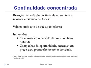 Continuidade concentrada
Renato Cruz – Senac18
Duração: veiculação contínua de no mínimo 3
semanas e máximo de 3 meses.
Volume mais alto do que as anteriores;
Indicação:
 Categorias com período de consumo bem
definido;
 Campanhas de oportunidade, baseadas em
preço e/ou promoção no ponto de venda.
Fonte: NAKAMURA, Rodolfo. Mídia: como fazer um planejamento de mídia na prática. São Paulo:
Farol Forte, 2009.
 