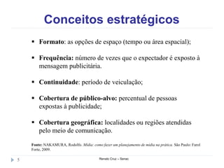 Conceitos estratégicos
Renato Cruz – Senac5
 Formato: as opções de espaço (tempo ou área espacial);
 Frequência: número de vezes que o expectador é exposto à
mensagem publicitária.
 Continuidade: período de veiculação;
 Cobertura de público-alvo: percentual de pessoas
expostas à publicidade;
 Cobertura geográfica: localidades ou regiões atendidas
pelo meio de comunicação.
Fonte: NAKAMURA, Rodolfo. Mídia: como fazer um planejamento de mídia na prática. São Paulo: Farol
Forte, 2009.
 