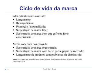 Ciclo de vida da marca
Renato Cruz – Senac8
Alta cobertura nos casos de:
 Lançamento;
 Relançamento;
 Promoção / sazonalidade;
 Sustentação de marca líder;
 Sustentação de marca com que enfrenta forte
concorrência.
Média cobertura nos casos de:
 Sustentação de marca segmentada;
 Sustentação de marca com baixa participação de mercado;
 Lançamento de produtos com problemas de distribuição.
Fonte: NAKAMURA, Rodolfo. Mídia: como fazer um planejamento de mídia na prática. São Paulo:
Farol Forte, 2009.
 