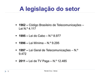 A legislação do setor
Renato Cruz – Senac9
 1962 – Código Brasileiro de Telecomunicações –
Lei N.º 4.117
 1995 – Lei do Cabo – N.º 8.977
 1996 – Lei Mínima – N.º 9.295
 1997 – Lei Geral de Telecomunicações – N.º
9.472
 2011 – Lei de TV Paga – N.º 12.485
 