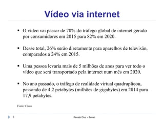 Vídeo via internet
Renato Cruz – Senac8
 O vídeo vai passar de 70% do tráfego global de internet gerado
por consumidores em 2015 para 82% em 2020.
 Desse total, 26% serão diretamente para aparelhos de televisão,
comparados a 24% em 2015.
 Uma pessoa levaria mais de 5 milhões de anos para ver todo o
vídeo que será transportado pela internet num mês em 2020.
 No ano passado, o tráfego de realidade virtual quadruplicou,
passando de 4,2 petabytes (milhões de gigabytes) em 2014 para
17,9 petabytes.
Fonte: Cisco
 