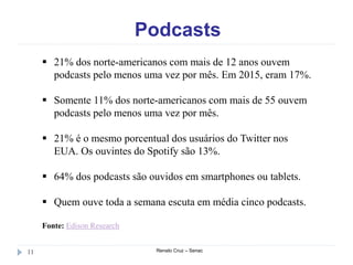 Podcasts
Renato Cruz – Senac11
 21% dos norte-americanos com mais de 12 anos ouvem
podcasts pelo menos uma vez por mês. Em 2015, eram 17%.
 Somente 11% dos norte-americanos com mais de 55 ouvem
podcasts pelo menos uma vez por mês.
 21% é o mesmo porcentual dos usuários do Twitter nos
EUA. Os ouvintes do Spotify são 13%.
 64% dos podcasts são ouvidos em smartphones ou tablets.
 Quem ouve toda a semana escuta em média cinco podcasts.
Fonte: Edison Research
 