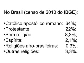 No Brasil (censo de 2010 do IBGE):
•Católico apostólico romano: 64%;
•Protestante: 22%;
•Sem religião: 8,3%;
•Espírita: 2,1%;
•Religiões afro-brasileiras: 0,3%;
•Outras religiões: 3,3%.
 
