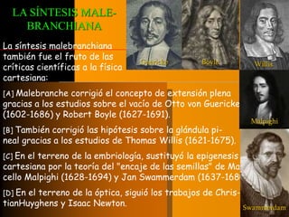 La síntesis malebranchiana 
también fue el fruto de las 
críticas científicas a la física 
cartesiana: 
[A] Malebranche corrigió el concepto de extensión plena 
gracias a los estudios sobre el vacío de Otto von Guericke 
(1602-1686) y Robert Boyle (1627-1691). 
[B] También corrigió las hipótesis sobre la glándula pi-neal 
gracias a los estudios de Thomas Willis (1621-1675). 
[C] En el terreno de la embriología, sustituyó la epigenesis 
cartesiana por la teoría del "encaje de las semillas" de Mar-cello 
Malpighi (1628-1694) y Jan Swammerdam (1637-1680). 
[D] En el terreno de la óptica, siguió los trabajos de Chris-tianHuyghens 
y Isaac Newton. 
Guericke Boyle Willis 
Malpighi 
Swammerdam 
LA SÍNTESIS MALE-BRANCHIANA 
 