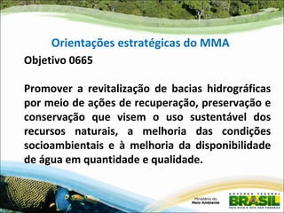 Orientações estratégicas do MMA
Objetivo 0665

Promover a revitalização de bacias hidrográficas
por meio de ações de recuperação, preservação e
conservação que visem o uso sustentável dos
recursos naturais, a melhoria das condições
socioambientais e à melhoria da disponibilidade
de água em quantidade e qualidade.
 