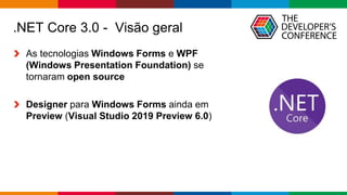 Globalcode – Open4education
.NET Core 3.0 - Visão geral
As tecnologias Windows Forms e WPF
(Windows Presentation Foundation) se
tornaram open source
Designer para Windows Forms ainda em
Preview (Visual Studio 2019 Preview 6.0)
 