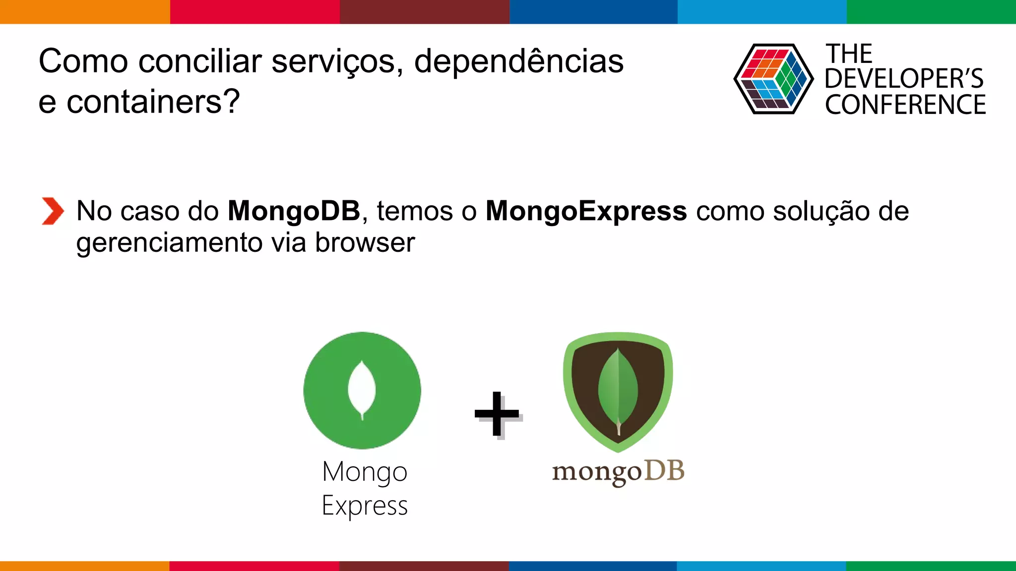 Globalcode – Open4education
Como conciliar serviços, dependências
e containers?
++Mongo
Express
No caso do MongoDB, temos o MongoExpress como solução de
gerenciamento via browser
 