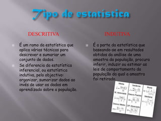 DESCRITIVA                             INDUTIVA
   É um ramo da estatística que        É a parte da estatística que
    aplica várias técnicas para          baseando-se em resultados
    descrever e sumariar um              obtidos da análise de uma
    conjunto de dados.                   amostra da população, procura
   Se diferencia da estatística         inferir, induzir ou estimar as
    inferencial, ou estatística          leis de comportamento da
    indutiva, pelo objectivo:            população da qual a amostra
    organizar, sumarizar dados ao        foi retirado.
    invés de usar os dados em
    aprendizado sobre a população.
 