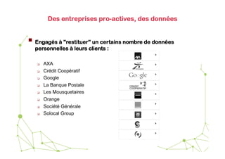 L’expérimentation
Des entreprises pro-actives, des données

  Engagés à "restituer" un certains nombre de données
personnelles à leurs clients :
 
 
 
 
 
 
 
 

AXA
Crédit Coopératif
Google
La Banque Postale
Les Mousquetaires
Orange
Société Générale
Solocal Group

 