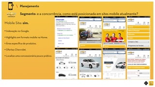 RIOT MOBILE	
 Planejamento	
Segmento: e a concorrência, como está posicionada em sites mobile atualmente?	
Mobile Site: sim.
• Indexação no Google.
• Highlights em formato mobile na Home.
• Área especíﬁca de produtos.
• Ofertas Chevrolet.
• Localize uma concessionária pouco prático.	
 
