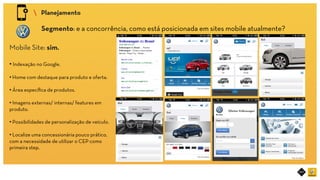 RIOT MOBILE	
 Planejamento	
Segmento: e a concorrência, como está posicionada em sites mobile atualmente?	
Mobile Site: sim.
• Indexação no Google.
• Home com destaque para produto e oferta.
• Área especíﬁca de produtos.
• Imagens externas/ internas/ features em
produto.
• Possibilidades de personalização de veículo.
• Localize uma concessionária pouco prático,
com a necessidade de utilizar o CEP como
primeira step.	
 