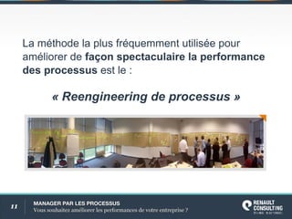 11 MANAGERPARLESPROCESSUS
Voussouhaitezaméliorerlesperformancesdevotreentreprise?
Laméthodelaplusfréquemmentutiliséepour
améliorerdefaçonspectaculairelaperformance
desprocessusestle:
«Reengineeringdeprocessus»
 