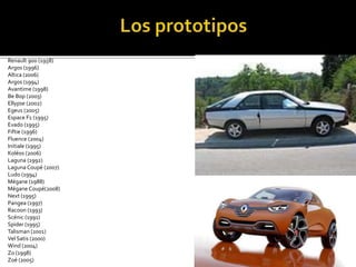 Renault 900 (1958)
Argos (1996)
Altica (2006)
Argos (1994)
Avantime (1998)
Be Bop (2003)
Ellypse (2002)
Egeus (2005)
Espace F1 (1995)
Evado (1995)
Fiftie (1996)
Fluence (2004)
Initiale (1995)
Koléos (2006)
Laguna (1992)
Laguna Coupé (2007)
Ludo (1994)
Mégane (1988)
Mégane Coupé(2008)
Next (1995)
Pangea (1997)
Racoon (1993)
Scénic (1991)
Spider (1995)
Talisman (2001)
Vel Satis (2000)
Wind (2004)
Zo (1998)
Zoé (2005)
 