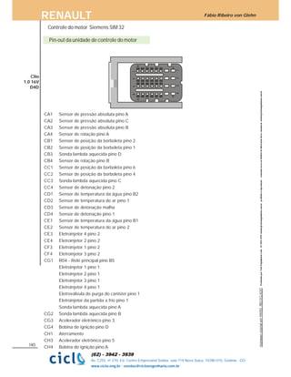 Fábio Ribeiro von GlehnRENAULT
140
Av. C255, nº 270, Ed. Centro Empresarial Sebba, sala 719 Nova Suiça, 74280-010, Goiânia - GO
www.ciclo.eng.br - vendas@cicloengenharia.com.br
Pin-out da unidade de controle do motor
Clio
1.0 16V
D4D
CA1 Sensor de pressão absoluta pino A
CA2 Sensor de pressão absoluta pino C
CA3 Sensor de pressão absoluta pino B
CA4 Sensor de rotação pino A
CB1 Sensor de posição da borboleta pino 2
CB2 Sensor de posição da borboleta pino 1
CB3 Sonda lambda aquecida pino D
CB4 Sensor de rotação pino B
CC1 Sensor de posição da borboleta pino 6
CC2 Sensor de posição da borboleta pino 4
CC3 Sonda lambda aquecida pino C
CC4 Sensor de detonação pino 2
CD1 Sensor de temperatura da água pino B2
CD2 Sensor de temperatura do ar pino 1
CD3 Sensor de detonação malha
CD4 Sensor de detonação pino 1
CE1 Sensor de temperatura da água pino B1
CE2 Sensor de temperatura do ar pino 2
CE3 Eletroinjetor 4 pino 2
CE4 Eletroinjetor 2 pino 2
CF3 Eletroinjetor 1 pino 2
CF4 Eletroinjetor 3 pino 2
CG1 R04 - Relé principal pino B5
Eletroinjetor 1 pino 1
Eletroinjetor 2 pino 1
Eletroinjetor 3 pino 1
Eletroinjetor 4 pino 1
Eletroválvula de purga do canister pino 1
Eletroinjetor da partida a frio pino 1
Sonda lambda aquecida pino A
CG2 Sonda lambda aquecida pino B
CG3 Acelerador eletrônico pino 3
CG4 Bobina de ignição pino D
CH1 Aterramento
CH3 Acelerador eletrônico pino 5
CH4 Bobina de ignição pino A
Controle do motor Siemens SIM 32
 