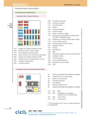 Fábio Ribeiro von GlehnRENAULT
146
Av. C255, nº 270, Ed. Centro Empresarial Sebba, sala 719 Nova Suiça, 74280-010, Goiânia - GO
www.ciclo.eng.br - vendas@cicloengenharia.com.br
Clio
1.0 16V
D4D
Controle do motor Siemens SIM 32
Caixa de relés e fusíveis interna
Localização de componentes
F01i
F02i
F03i
F04i
F05i
F06i
F07i F12i
F08i F11i
F09i F10i
F01i Unidade de Controle do Motor (UCM)
F02i Retrovisor elétrico, rádio, relógio
F03i Desembaçador do vidro traseiro
F04i Luzes de freio, UCH, Painel de instrumentos
F05i Unidade de Controle do Motor (UCM)
F06i Compressor do ar condicionado, Luz de ré
F07i Limpador do pára-brisas
F08i Farol baixo direito
F09i Farol baixo esquerdo
F10i Farol alto esquerdo
F11i Farol alto direito
F12i Buzina
F14i Lanterna esquerda
F15i Lanterna direita
F16i Rádio, acendedor, relógio
F17i Interruptor de comando do ar condicionado,
recirculo e ventilação interna
F18i Unidade de Controle do Motor (gás natural)
F19i Luz de neblina traseira
F20i Desembaçador do vidro traseiro
F21i Limpador traseiro
F22i Air-bag
F23i Vidro elétrico
F24i ABS
F25i Tomada de diagnose, painel de instrumentos
F26i Ventilador interno
F27i Trava das portas
F28i Luz de neblina dianteira
F29i Iluminação do porta-malas
F30i UCH
Caixa de relés e fusíveis do vão do motor
F03
F04
R5
R1 R3
R6
R4
R7
R2
F01
R1 Primeira velocidade do ventilador do radiador
R2 Compressor do ar condicionado
R3 Bomba de combustível
R4 Principal da injeção
R5 Não utilizado
R6 Bomba de partida a frio
R7 Segunda velocidade do ventilador do radiador
F01 40A ABS
F02* 50A Ventiladores do radiador e
compressor do ar condicionado
F03 60A Caixa interna
F04 60A Caixa interna
* F02 na posição de R7 caso o veículo não possua
ar condicionado
 