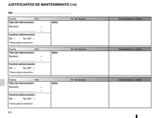 6.8
Fecha: Km: N° de factura: Comentarios / varios
Tipo de intervención: Sello
Revisión □
....................................... □
Control anticorrosión:
OK □ No OK* □
*Véase página específica
Fecha: Km: N° de factura: Comentarios / varios
Tipo de intervención: Sello
Revisión □
....................................... □
Control anticorrosión:
OK □ No OK* □
*Véase página específica
Fecha: Km: N° de factura: Comentarios / varios
Tipo de intervención: Sello
Revisión □
....................................... □
Control anticorrosión:
OK □ No OK* □
*Véase página específica
VIN: ..................................................................................
JUSTIFICANTES DE MANTENIMIENTO (1/4)
 