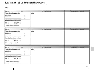 6.11
JUSTIFICANTES DE MANTENIMIENTO (4/4)
VIN: ..................................................................................
Fecha: Km: N° de factura: Comentarios / varios
Tipo de intervención: Sello
Revisión □
....................................... □
Control anticorrosión:
OK □ No OK* □
*Véase página específica
Fecha: Km: N° de factura: Comentarios / varios
Tipo de intervención: Sello
Revisión □
....................................... □
Control anticorrosión:
OK □ No OK* □
*Véase página específica
Fecha: Km: N° de factura: Comentarios / varios
Tipo de intervención: Sello
Revisión □
....................................... □
Control anticorrosión:
OK □ No OK* □
*Véase página específica
 