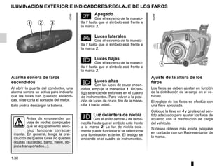 1.38
ILUMINACIÓN EXTERIOR E INDICADORES/REGLAJE DE LOS FAROS
Alarma sonora de faros
encendidos
Al abrir la puerta del conductor, una
alarma sonora se activa para indicarle
que las luces han quedado encendi-
das, si se corta el contacto del motor.
Esto podría descargar la batería.
N Apagado
Gire el extremo de la maneci-
lla 1 hasta que el símbolo esté frente a
la marca 2.
š Luces laterales
Gire el extremo de la maneci-
lla 1 hasta que el símbolo esté frente a
la marca 2.
k Luces bajas
Gire el extremo de la maneci-
lla 1 hasta que el símbolo esté frente a
la marca 2.
á Luces altas
Con las luces de cruce encen-
didas, empuje la manecilla 1. Un tes-
tigo se enciende entonces en el cuadro
de instrumentos. Para volver a la posi-
ción de luces de cruce, tire de la mane-
cilla 1 hacia usted.
g Luz delantera de niebla
Gire el anillo central 3 de la ma-
necilla hasta que el símbolo esté frente
a la marca 2. La luz de niebla sola-
mente puede funcionar si se selecciona
una iluminación exterior. El testigo se
enciende en el cuadro de instrumentos.
Ajuste de la altura de los
faros
Los faros se deben ajustar en función
de la distribución de la carga en el ve-
hículo.
El reglaje de los faros se efectúa con
una llave apropiada.
Coloque la llave en 4 y gírela en el sen-
tido adecuado para ajustar los faros de
acuerdo con la distribución de carga
del vehículo.
Si desea obtener más ayuda, póngase
en contacto con un Representante de
la marca.
2
1 3
Antes de empreender un
viaje de noche: compruebe
que el equipamiento eléc-
trico funciona correcta-
mente. En general, tenga la pre-
caución de que las luces no queden
ocultas (suciedad, barro, nieve, ob-
jetos transportados...).
4
 