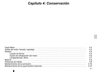 4.1
Capítulo 4: Conservación
Capó Motor . . . . . . . . . . . . . . . . . . . . . . . . . . . . . . . . . . . . . . . . . . . . . . . . . . . . . . . . . . . . . . . . . . . . 4.2
Aceite del motor: llenado, repostaje . . . . . . . . . . . . . . . . . . . . . . . . . . . . . . . . . . . . . . . . . . . . . . . . . 4.3
Niveles: . . . . . . . . . . . . . . . . . . . . . . . . . . . . . . . . . . . . . . . . . . . . . . . . . . . . . . . . . . . . . . . . . . . . . . . 4.5
Líquido de frenos . . . . . . . . . . . . . . . . . . . . . . . . . . . . . . . . . . . . . . . . . . . . . . . . . . . . . . . . . 4.5
líquido de refrigeración del motor. . . . . . . . . . . . . . . . . . . . . . . . . . . . . . . . . . . . . . . . . . . . . . 4.6
Lavaparabrisas, filtros . . . . . . . . . . . . . . . . . . . . . . . . . . . . . . . . . . . . . . . . . . . . . . . . . . . . . . 4.7
Batería: . . . . . . . . . . . . . . . . . . . . . . . . . . . . . . . . . . . . . . . . . . . . . . . . . . . . . . . . . . . . . . . . . . . . . . . 4.8
Presiones de inflado . . . . . . . . . . . . . . . . . . . . . . . . . . . . . . . . . . . . . . . . . . . . . . . . . . . . . . . . . . . . . 4.9
Mantenimiento de la carrocería. . . . . . . . . . . . . . . . . . . . . . . . . . . . . . . . . . . . . . . . . . . . . . . . . . . . . 4.10
Mantenimiento de los guarnecidos interiores . . . . . . . . . . . . . . . . . . . . . . . . . . . . . . . . . . . . . . . . . . 4.12
 