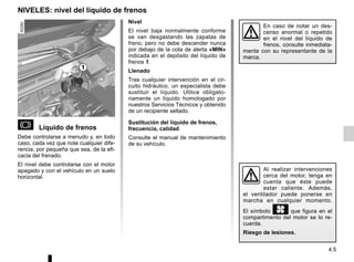 4.5
NIVELES: nivel del líquido de frenos
 Líquido de frenos
Debe controlarse a menudo y, en todo
caso, cada vez que note cualquier dife-
rencia, por pequeña que sea, de la efi-
cacia del frenado.
El nivel debe controlarse con el motor
apagado y con el vehículo en un suelo
horizontal.
Nivel
El nivel baja normalmente conforme
se van desgastando las zapatas de
freno, pero no debe descender nunca
por debajo de la cota de alerta «MIN»
indicada en el depósito del líquido de
frenos 1.
Llenado
Tras cualquier intervención en el cir-
cuito hidráulico, un especialista debe
sustituir el líquido. Utilice obligato-
riamente un líquido homologado por
nuestros Servicios Técnicos y obtenido
de un recipiente sellado.
Sustitución del líquido de frenos,
frecuencia, calidad
Consulte el manual de mantenimiento
de su vehículo.
En caso de notar un des-
censo anormal o repetido
en el nivel del líquido de
frenos, consulte inmediata-
mente con su representante de la
marca.
1
Al realizar intervenciones
cerca del motor, tenga en
cuenta que éste puede
estar caliente. Además,
el ventilador puede ponerse en
marcha en cualquier momento.
El símbolo y que figura en el
compartimento del motor se lo re-
cuerda.
Riesgo de lesiones.
 