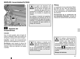 4.7
Filtros
La sustitución de los elementos filtran-
tes (filtro de aire, filtro de habitáculo,
filtro de carburante…) está programado
en las operaciones de mantenimiento
del vehículo.
Periodicidad de la sustitución de
los elementos filtrantes: consulte el
manual de mantenimiento del vehículo.
Al realizar intervenciones
cerca del motor, tenga en
cuenta que éste puede
estar caliente. Además, el
motoventilador puede comenzar a
funcionar en cualquier momento.
El símbolo y que figura en el
compartimento del motor se lo re-
cuerda.
Riesgo de lesiones.
 depósito del
lavaparabrisas
Llenado
Con el motor parado, abra el tapón 4.
Llene el depósito hasta que pueda ver
el líquido y coloque de nuevo el tapón.
Líquido: Líquido del lavaparabrisas
(producto anticongelante en invierno).
Surtidores: para regular la altura de
los surtidores del lavacristales del pa-
rabrisas, utilice por ejemplo una aguja
o similar.
El tapón del depósito de
gasolina de arranque en
frío es ROJO. El tapón del
depósito de agua del lava-
parabrisas es NEGRO. Al hacer el
llenado, no invierta ni mezcle los
fluidos.
No rellene ni mezcle con gasolina
del depósito de arranque en frío el
compartimento de agua del lavapa-
rabrisas. La presencia de gasolina
en el depósito de agua supone un
riesgo de incendio.
No rellene ni mezcle con
agua del lavaparabrisas el
depósito de arranque en
frío. La presencia de agua
en el compartimento de gasolina
puede dañar el motor, y no se pro-
ducirá el arranque.
NIVELES: lavacristales/FILTROS
4
 