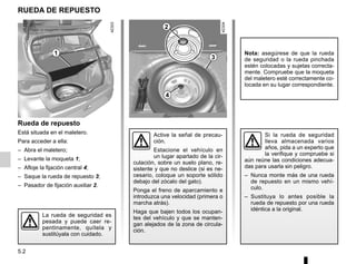 5.2
RUEDA DE REPUESTO
Rueda de repuesto
Está situada en el maletero.
Para acceder a ella:
– Abra el maletero;
– Levante la moqueta 1;
– Afloje la fijación central 4;
– Saque la rueda de repuesto 3;
– Pasador de fijación auxiliar 2.
Nota: asegúrese de que la rueda
de seguridad o la rueda pinchada
estén colocadas y sujetas correcta-
mente. Compruebe que la moqueta
del maletero esté correctamente co-
locada en su lugar correspondiente.
La rueda de seguridad es
pesada y puede caer re-
pentinamente, quítela y
sustitúyala con cuidado.
Si la rueda de seguridad
lleva almacenada varios
años, pida a un experto que
la verifique y compruebe si
aún reúne las condiciones adecua-
das para usarla sin peligro.
– Nunca monte más de una rueda
de repuesto en un mismo vehí-
culo.
– Sustituya lo antes posible la
rueda de repuesto por una rueda
idéntica a la original.
Active la señal de precau-
ción.
Estacione el vehículo en
un lugar apartado de la cir-
culación, sobre un suelo plano, re-
sistente y que no deslice (si es ne-
cesario, coloque un soporte sólido
debajo del zócalo del gato).
Ponga el freno de aparcamiento e
introduzca una velocidad (primera o
marcha atrás).
Haga que bajen todos los ocupan-
tes del vehículo y que se manten-
gan alejados de la zona de circula-
ción.
2
3
4
1
 