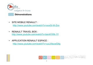 Démonstrations


•   SITE MOBILE RENAULT :
     http://www.youtube.com/watch?v=ooxGi-W-Zvo

•   RENAULT TRAVEL BOX :
    http://www.youtube.com/watch?v=benAYXfk-1Y

•   APPLICATION RENAULT ESPACE :
     http://www.youtube.com/watch?v=uuLXteuwG4g




                                                  3
                                   3
 
