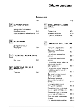 Общие сведения



                            Оглавление
                            Стр.                                    Стр.

01 ХАРАКТЕРИСТИКИ                  05 СМЕНА ОТРАБОТАВШЕГО
                                         МАСЛА
   Двигатель-Сцепление-
   Коробка передач          01-1         Двигатель                  05-1

   Идентификация автомобиля 01-2         Коробка передач            05-3

                                         Рулевой усилитель          05-4



02 ПОДЪЕМНИКИ
                                   07 ПАРАМЕТРЫ И РЕГУЛИРОВКИ

   Домкрат катковый -
   Подпорки                 02-1         Габаритные размеры         07-1
                                         Заправочные объемы -
                                         Свойства                   07-4
                                         Натяжение приводного
03 БУКСИРОВКА АВТОМОБИЛЯ                 ремня                      07-7
                                         Натяжение приводного
   Все типы                 03-1         ремня                      07-8
                                         Натяжение ремня привода
                                         вспомогательного
                                         оборудования               07-9
04 СМАЗОЧНЫЕ И ПРОЧИЕ
   МАТЕРИАЛЫ                             Натяжение ремня привода
                                         газораспределительного
   Упаковка                 04-1         механизма                  07-15
                                         Затяжка болтов головки
                                         блока цилиндров            07-17
                                         Основные размеры
                                         элементов тормозной
                                         системы                    07-21
                                         Углы установки колес
                                         передней подвески          07-22
                                         Контроль углов установки
                                         колес передней подвески    07-24
                                         Контроль углов установки
                                         колес задней подвески      07-25
                                         Вертикальное положение
                                         кузова                     07-27
                                         Регулятор тормозных сил    07-28
 