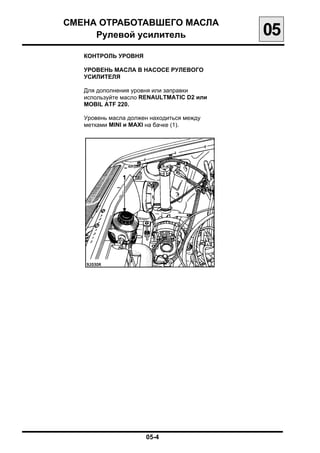 СМЕНА ОТРАБОТАВШЕГО МАСЛА

     Рулевой усилитель
                    05
   КОНТРОЛЬ УРОВНЯ

   УРОВЕНЬ МАСЛА В НАСОСЕ РУЛЕВОГО
   УСИЛИТЕЛЯ

   Для дополнения уровня или заправки
   используйте масло RENAULTMATIC D2 или
   MOBIL ATF 220.

   Уровень масла должен находиться между
   метками MINI и MAXI на бачке (1).




                      05-4

 