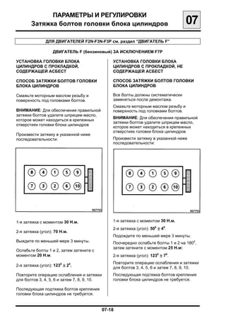 ПАРАМЕТРЫ И РЕГУЛИРОВКИ

        Затяжка болтов головки блока цилиндров
                                    07
                ДЛЯ ДВИГАТЕЛЕЙ F2N-F3N-F3P см. раздел “ДВИГАТЕЛЬ F”

                    ДВИГАТЕЛЬ F (бензиновый) ЗА ИСКЛЮЧЕНИЕМ F7P


УСТАНОВКА ГОЛОВКИ БЛОКА                        УСТАНОВКА ГОЛОВКИ БЛОКА
ЦИЛИНДРОВ С ПРОКЛАДКОЙ,                        ЦИЛИНДРОВ С ПРОКЛАДКОЙ, НЕ
СОДЕРЖАЩЕЙ АСБЕСТ                              СОДЕРЖАЩЕЙ АСБЕСТ

СПОСОБ ЗАТЯЖКИ БОЛТОВ ГОЛОВКИ                  СПОСОБ ЗАТЯЖКИ БОЛТОВ ГОЛОВКИ
БЛОКА ЦИЛИНДРОВ                                БЛОКА ЦИЛИНДРОВ

Смажьте моторным маслом резьбу и               Все болты должны систематически
поверхность под головками болтов.              заменяться после демонтажа.
                                               Смажьте моторным маслом резьбу и
ВНИМАНИЕ: Для обеспечения правильной           поверхность под головками болтов.
затяжки болтов удалите шприцем масло,
                                               ВНИМАНИЕ: Для обеспечения правильной
которое может находиться в крепежных
                                               затяжки болтов удалите шприцем масло,
отверстиях головки блока цилиндров
                                               которое может находиться в крепежных
                                               отверстиях головки блока цилиндров
Произвести затяжку в указанной ниже
последовательности:                            Произвести затяжку в указанной ниже
                                               последовательности:




1-я затяжка с моментом 30 Н.м.
                1-я затяжка с моментом 30 Н.м.
                                               2-я затяжка (угол): 500 ± 40.

2-я затяжка (угол): 70 Н.м.

                                               Подождите по меньшей мере 3 минуты.

Выждите по меньшей мере 3 минуты.
             Поочередно ослабьте болты 1 и 2 на 1800,

                                               затем затяните с моментом 25 Н.м:
Ослабьте болты 1 и 2, затем затяните с

моментом 20 Н.м.
                              2-я затяжка (угол): 1230 ± 70.
                                               Повторите операцию ослабления и затяжки
2-я затяжка (угол): 1230 ± 20.

                                               для болтов 3, 4, 5, 6 и затем 7, 8, 9, 10.
Повторите операцию ослабления и затяжки
       Последующая подтяжка болтов крепления
для болтов 3, 4, 5, 6 и затем 7, 8, 9, 10.     головки блока цилиндров не требуется.

Последующая подтяжка болтов крепления
головки блока цилиндров не требуется.


                                          07-18

 