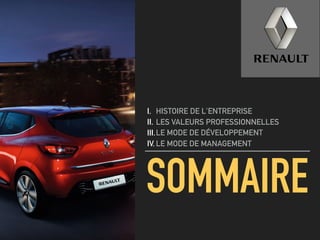 SOMMAIRE
I. HISTOIRE DE L'ENTREPRISE
II. LES VALEURS PROFESSIONNELLES
III.LE MODE DE DÉVELOPPEMENT
IV. LE MODE DE MANAGEMENT
 