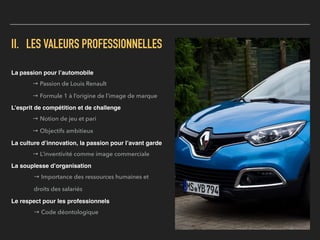 II. LES VALEURS PROFESSIONNELLES
La passion pour l’automobile
→ Passion de Louis Renault
→ Formule 1 à l’origine de l’image de marque
L’esprit de compétition et de challenge
→ Notion de jeu et pari
→ Objectifs ambitieux
La culture d’innovation, la passion pour l’avant garde
→ L’inventivité comme image commerciale
La souplesse d’organisation
→ Importance des ressources humaines et
droits des salariés
Le respect pour les professionnels
→ Code déontologique
 