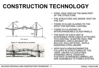 CONSTRUCTION TECHNOLOGY
• STEEL WAS USED AS THE MAIN PART
OF THE STRUCTURE.
• THE STRUCTURE HAS SMOKE VENT ON
THE TOP.
• THERE IS GLASS GLAZING TO THE
ROOF FOR NATURAL LIGHTING.
• THERE IS A CLADDING OF
INTERCHANGEABLE GLASS PANELS.
• THE ROOF OF EACH UNIT IS
SUSPENDED FROM CABLES ATTACHED
TO A CENTRAL 16-METRE-HIGH, PRE
STRESSED, CIRCULAR MAST OF
ROLLED, HOLLOW STEEL, WITH 8
RADIATING STEEL BEAMS.
• VERY MUCH ASM BUCKMINSTER
FULLER'S 4D STRUCTURES OF THE
1920S. UNLIKE FULLER'S FREE-
STANDING UNITS, HOWEVER,
FOSTER'S 'SUSPENDED UMBRELLAS'
ARE ASSEMBLED TO FORM A SYSTEM.
BUILDING MATERIALS AND CONSTRUCTION TECHNOLOGY - 5 TENSILE STRUCTURE
 
